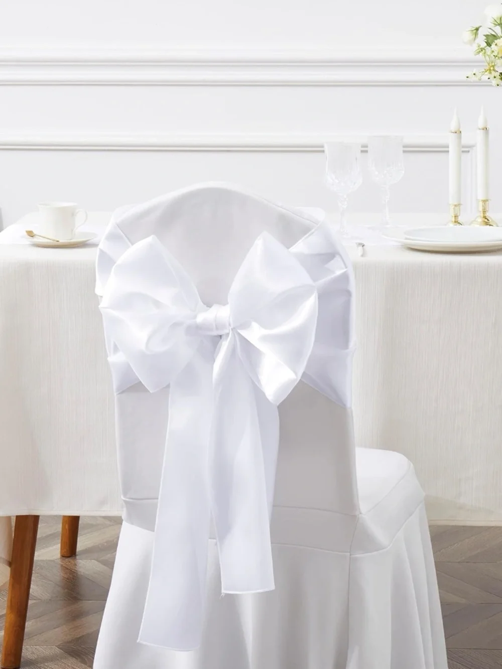 White Satin Chair Sashes Bows, 6 x 108 inch, 29pcs